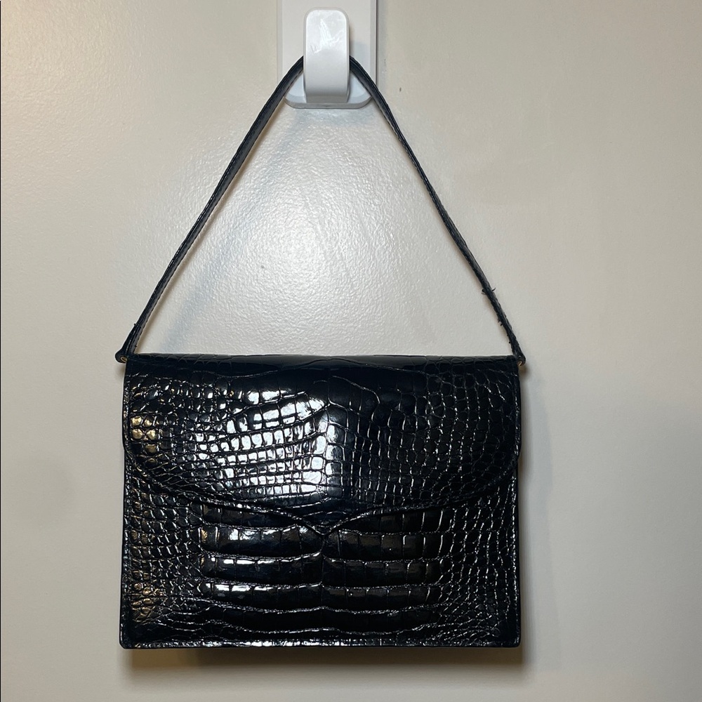 Lana Marks Black Crocodile-Patterned Shoulder Bag